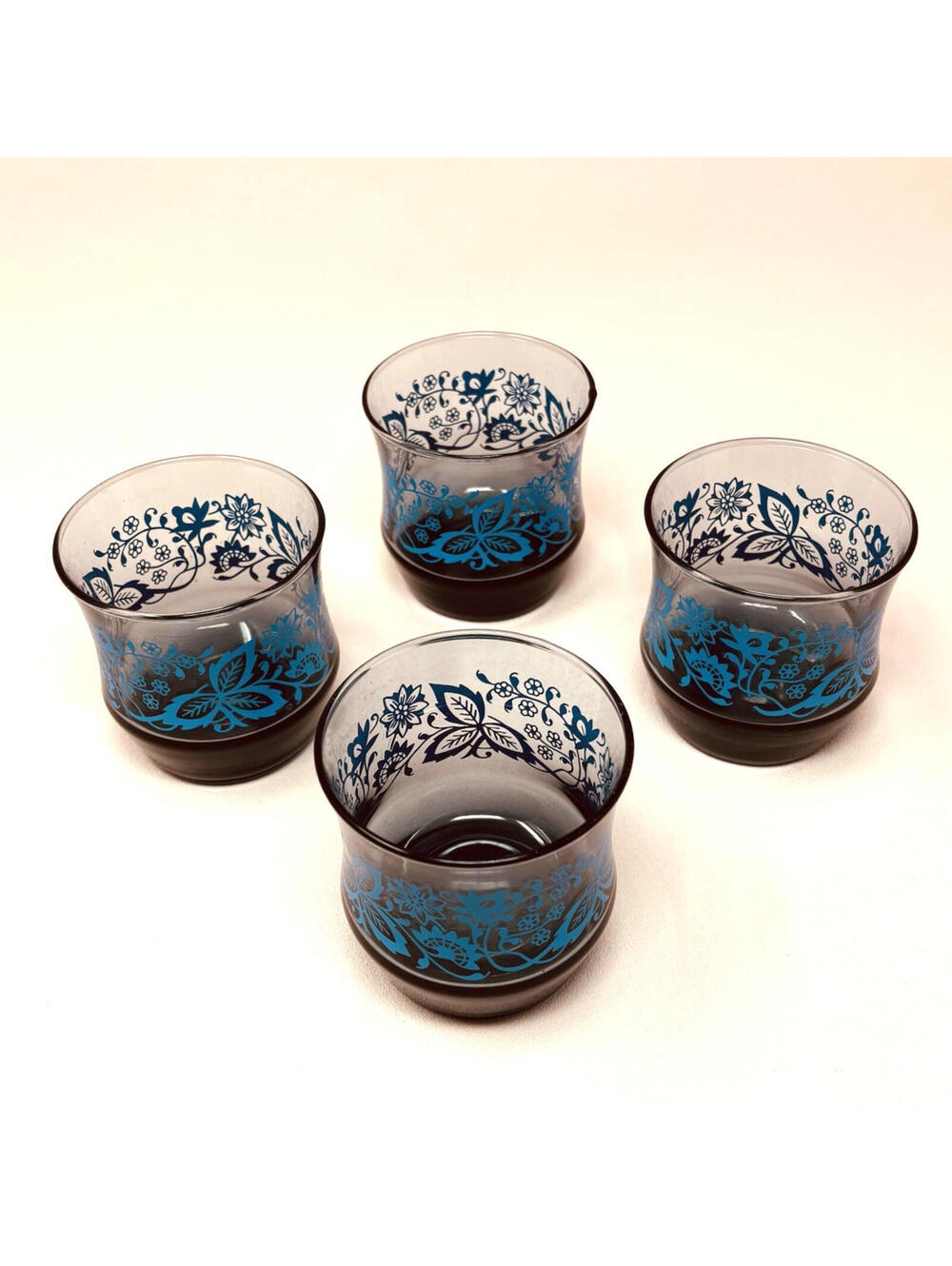 VTG Libbey Drinking Glasses Blue Floral Juice Glasses 4” Set of 4 EUC